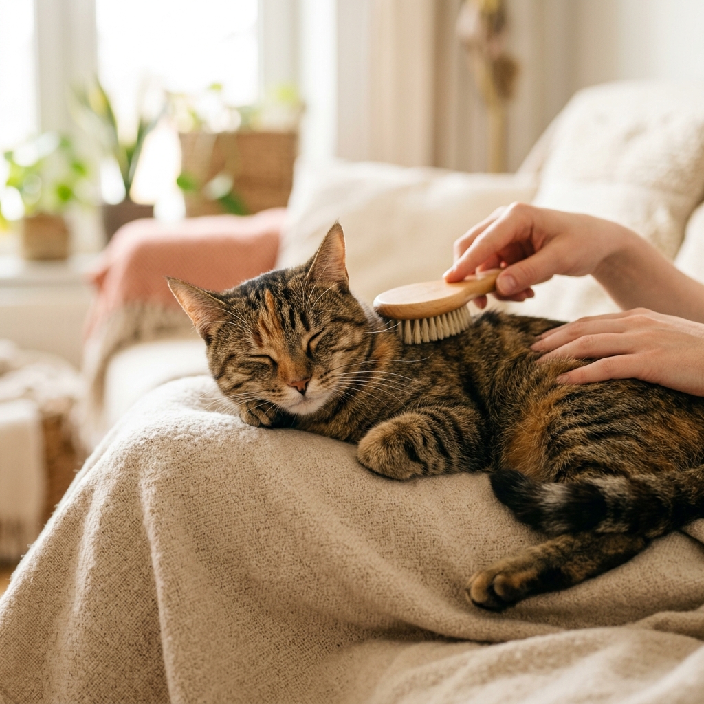 Cat being gently groomed with a brush
