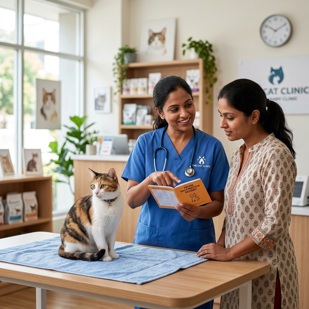 A highly realistic professional stock photo of a veterinarian explaining a vaccination record to an Indian pet parent with a cute cat