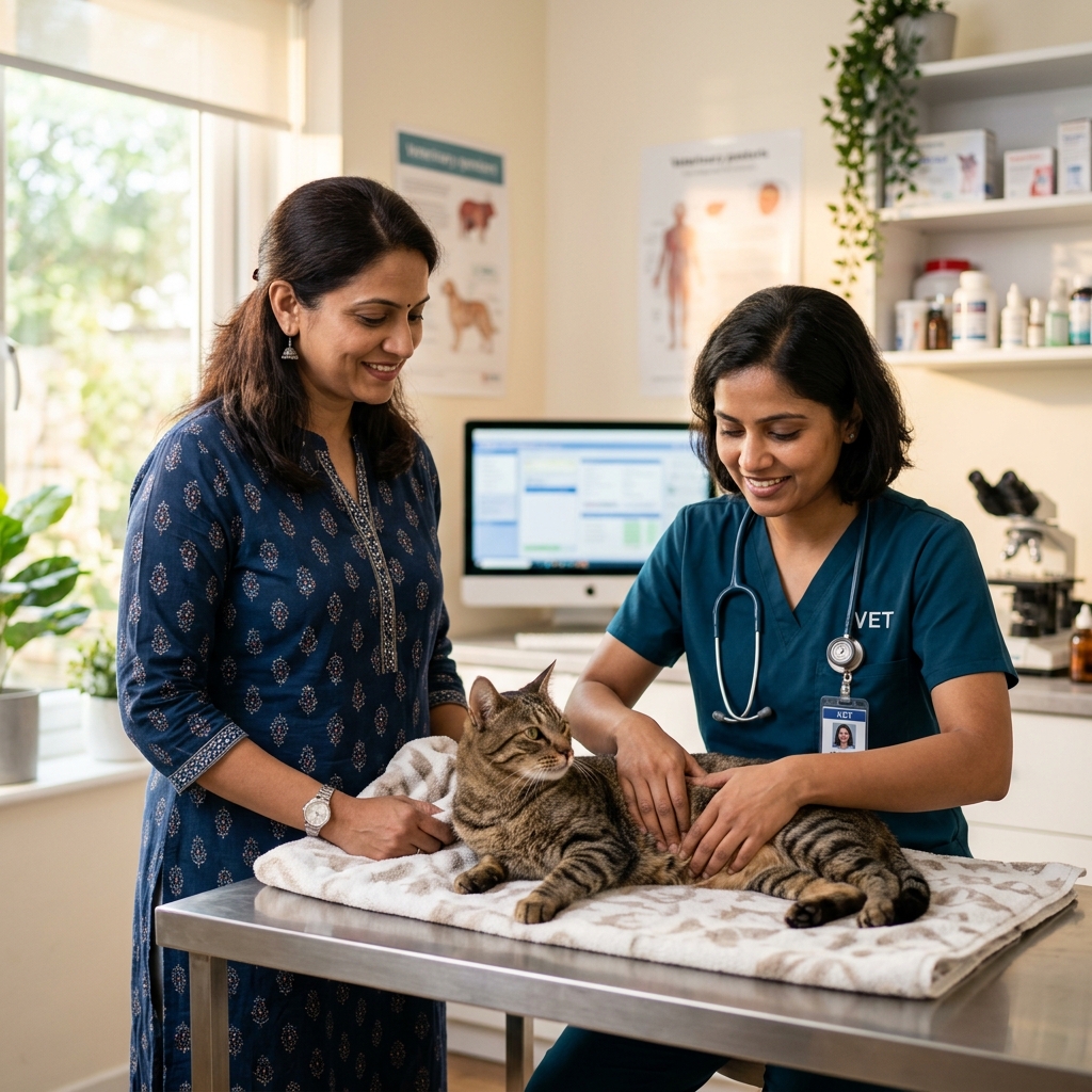 A highly realistic photo of an Indian pet parent consulting with a veterinarian examining a cat