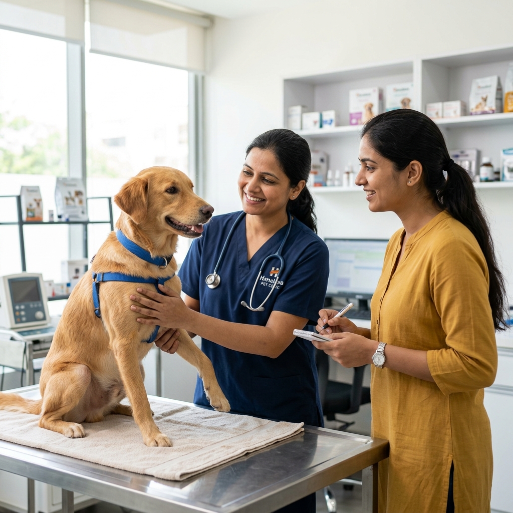 A highly realistic photo of an Indian pet parent consulting with a veterinarian examining a dog