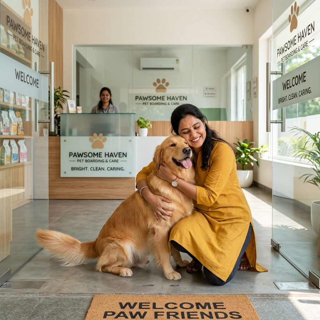 Pet parent hugging their golden retriever at a boarding facility