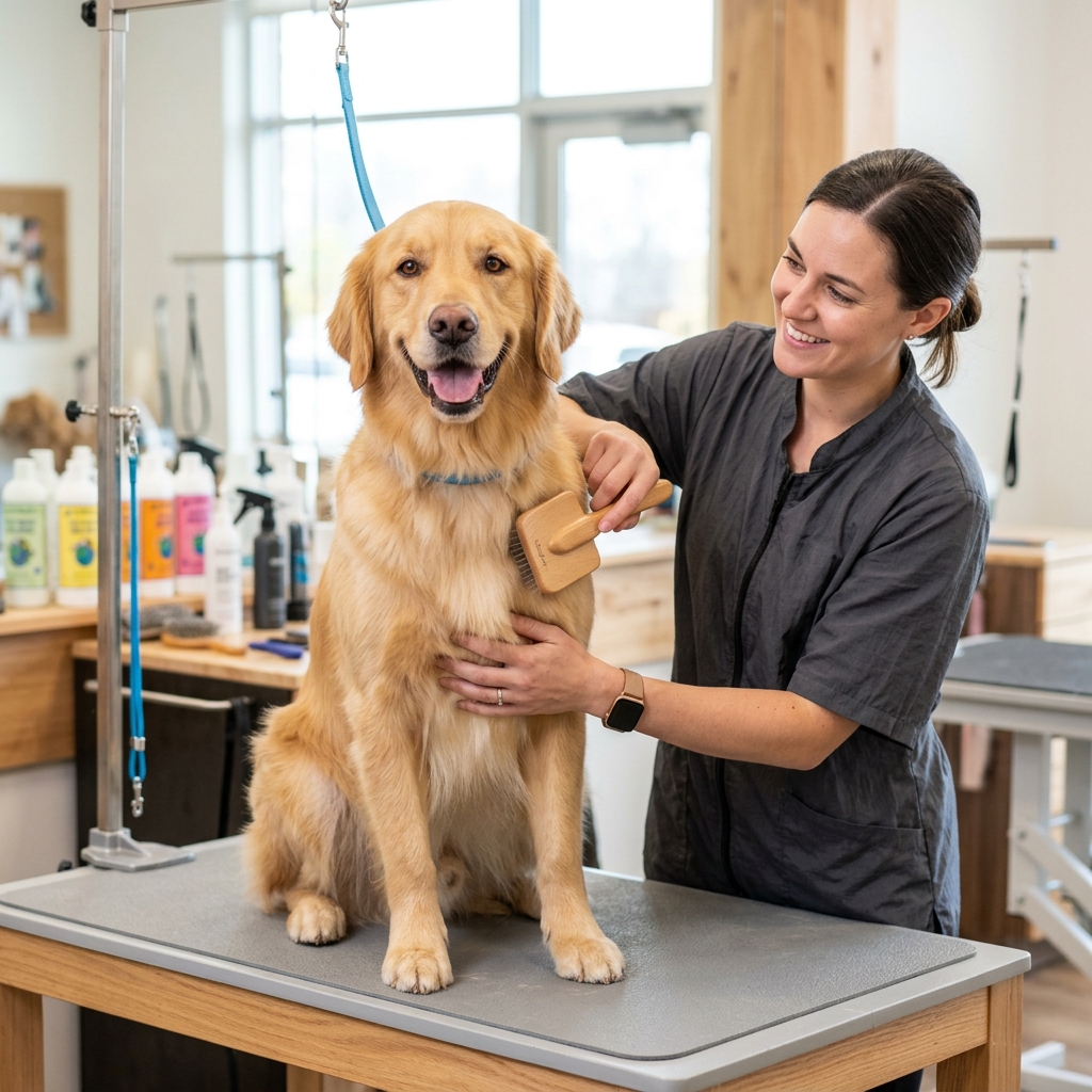 Dog being groomed and brushed