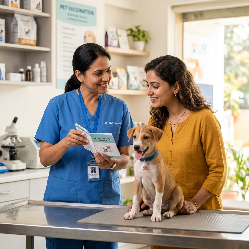 A highly realistic professional stock photo of a veterinarian explaining a vaccination record to a pet parent with a cute puppy
