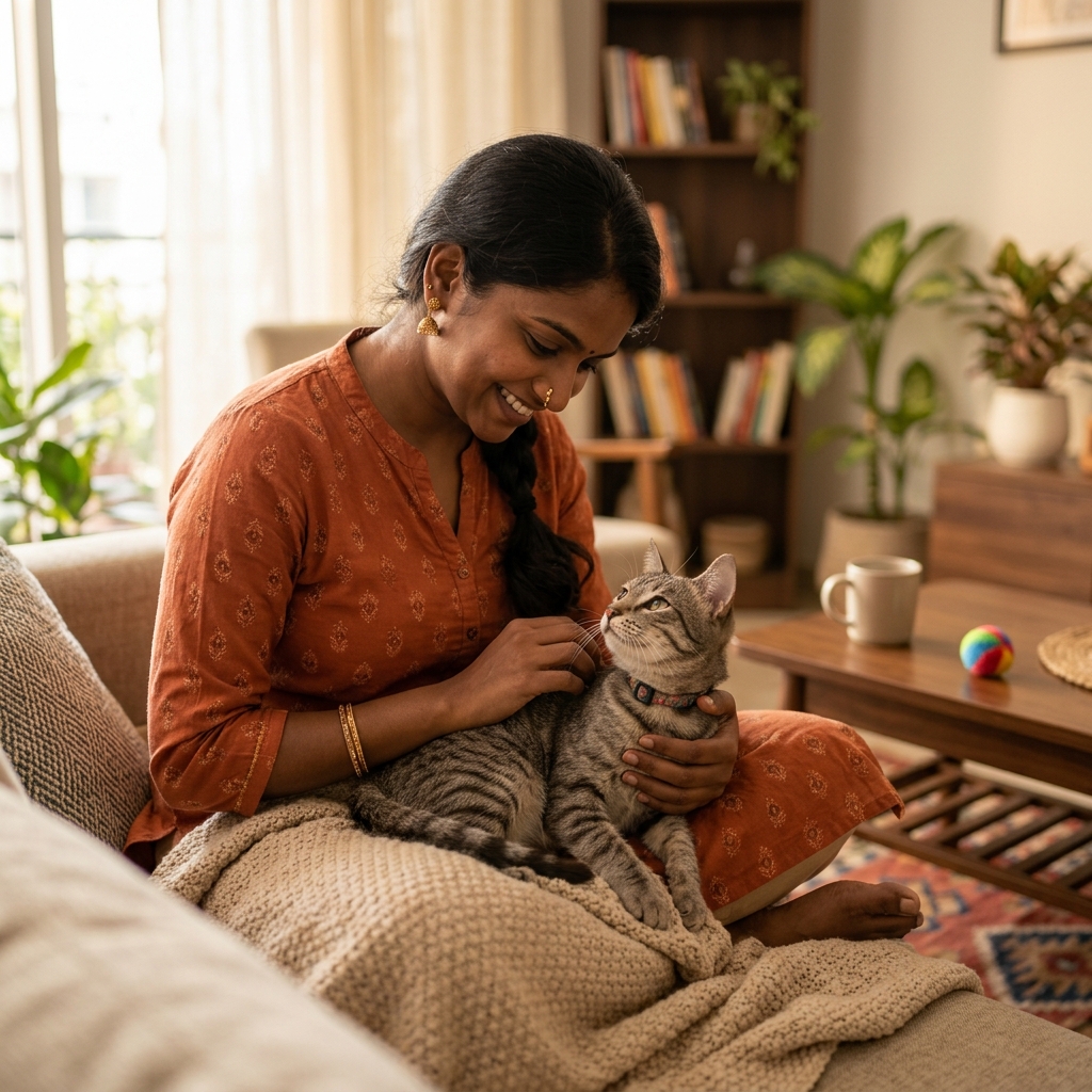 A highly realistic professional stock photo of an Indian pet parent gently sitting with their new cat at home, warm and cozy lighting
