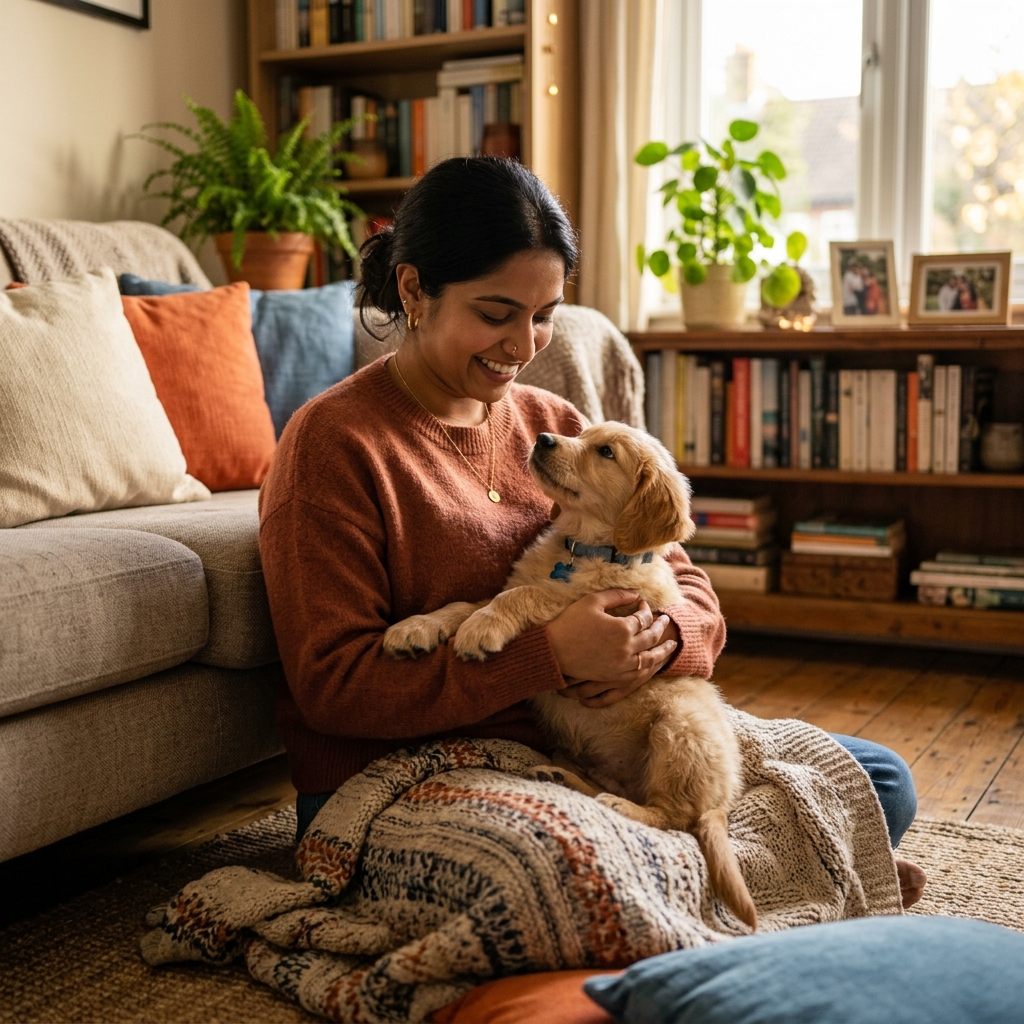 A highly realistic professional stock photo of an Indian pet parent gently sitting with their new puppy dog at home, warm and cozy lighting