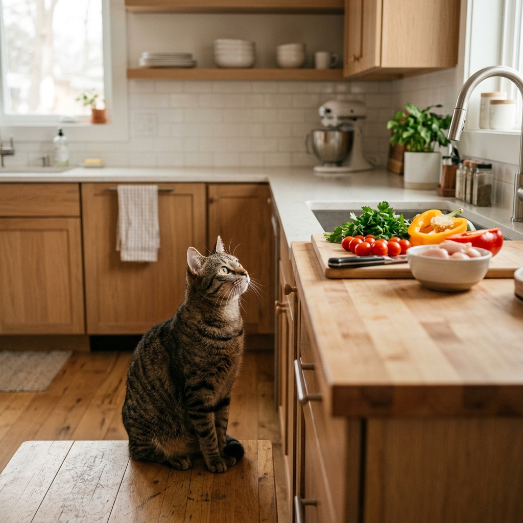 Cat sitting near a kitchen counter looking at food