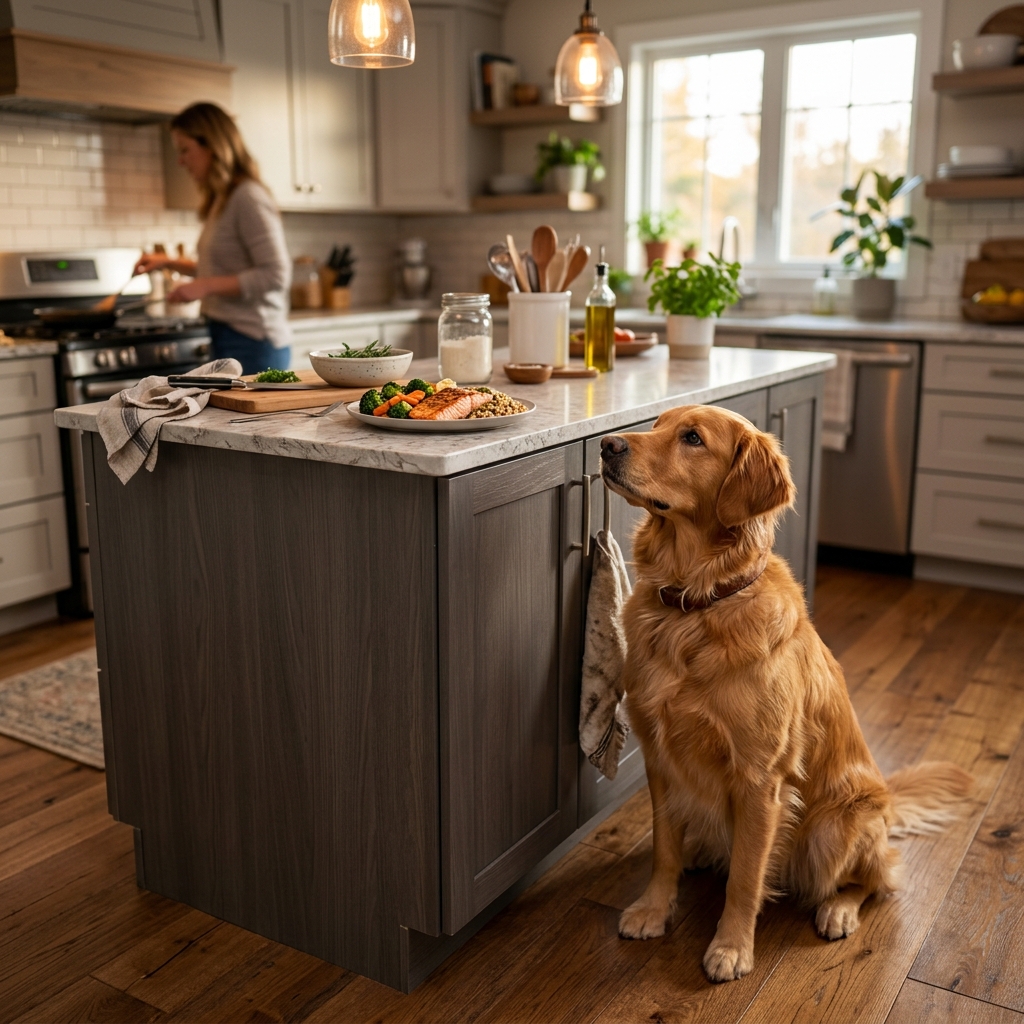 Dog sitting near a kitchen counter looking at food