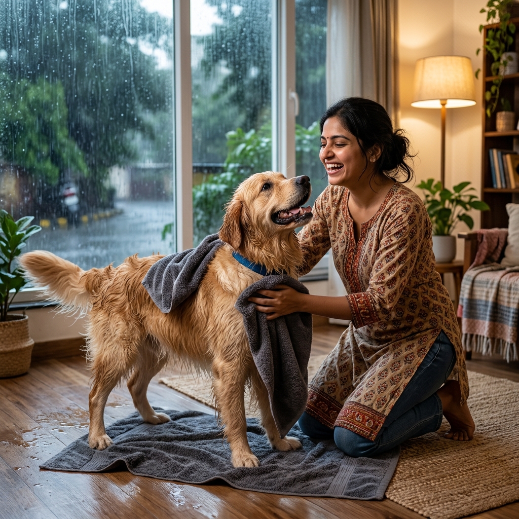 A highly realistic professional stock photo of an Indian pet parent drying off a golden retriever dog with a towel near a window showing monsoon rain