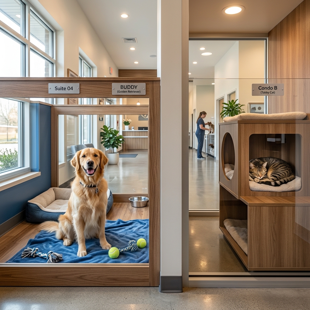 Dog and cat in a clean pet boarding facility