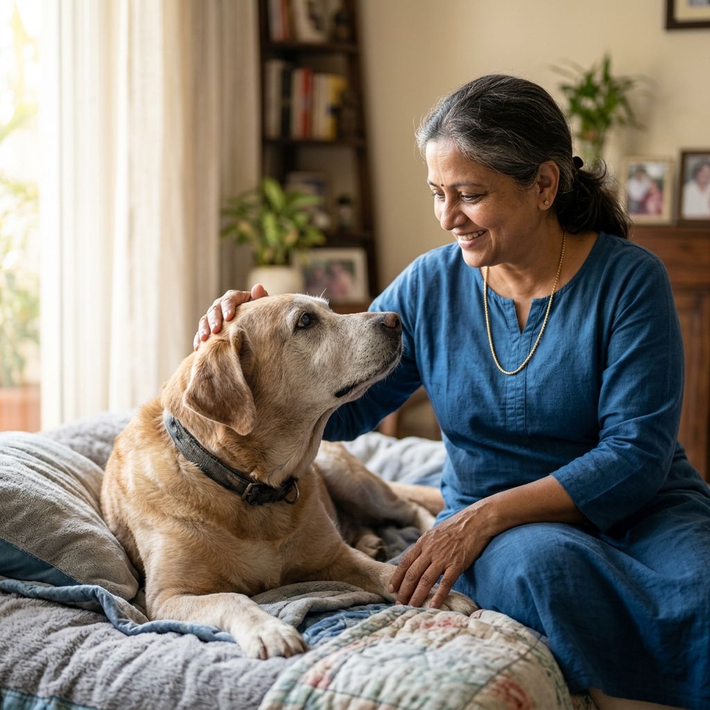A highly realistic professional stock photo of an Indian pet parent gently petting their senior, grey-muzzled Labrador dog who is resting comfortably on a soft bed indoors