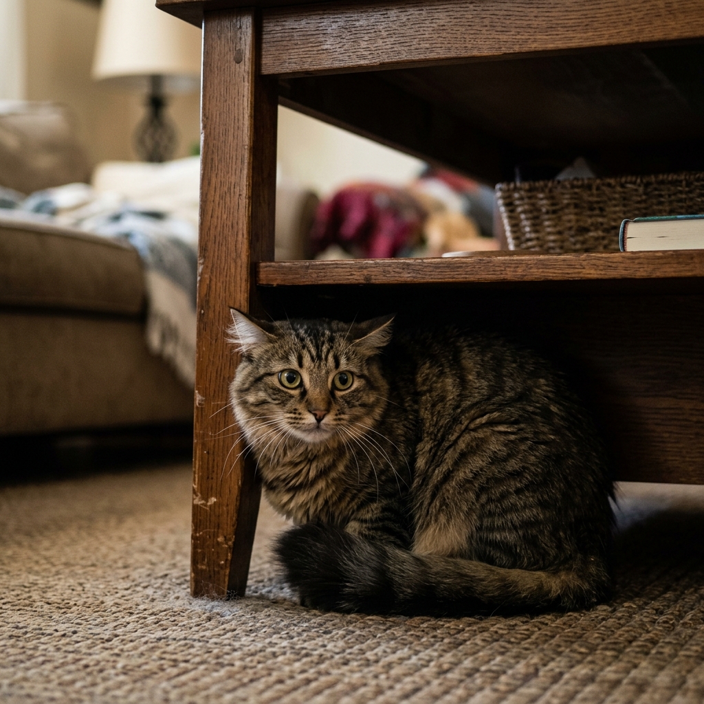 Stressed cat with flattened ears and tense posture