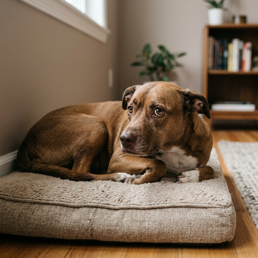 Anxious dog with worried expression lying down