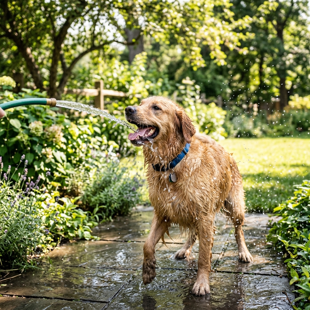 Dog cooling off with water in summer heat