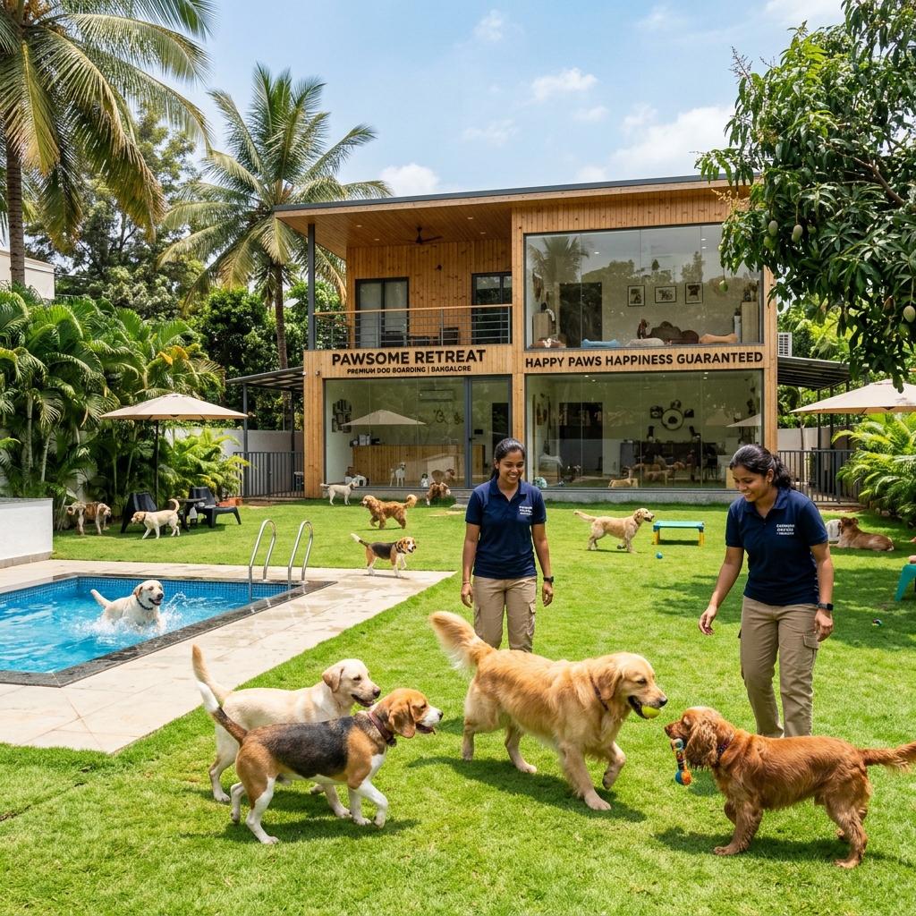 Premium dog boarding resort in Bangalore with happy dogs playing on a green lawn with a small swimming pool, friendly pet sitters, bright sunny day