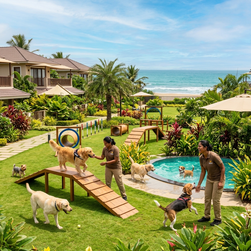 Premium dog boarding resort in Chennai on the ECR coast, showing happy active dogs playing in a lush green garden with a small swimming pool and caretakers