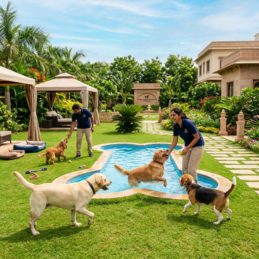 Premium pet boarding resort in Hyderabad with happy dogs playing on a spacious green lawn supervised by handlers and a swimming pool