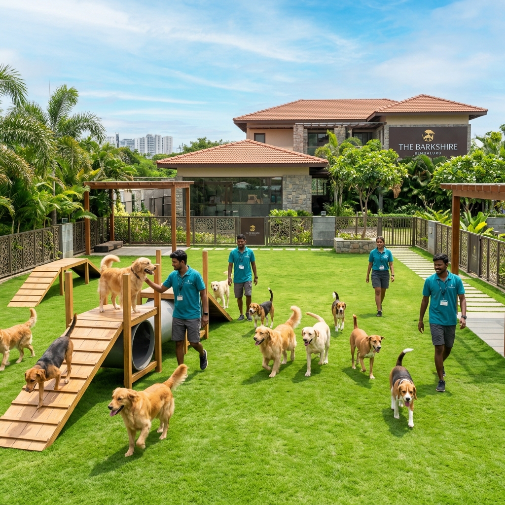 Premium pet daycare resort in Bangalore with happy dogs playing on a spacious green lawn supervised by handlers