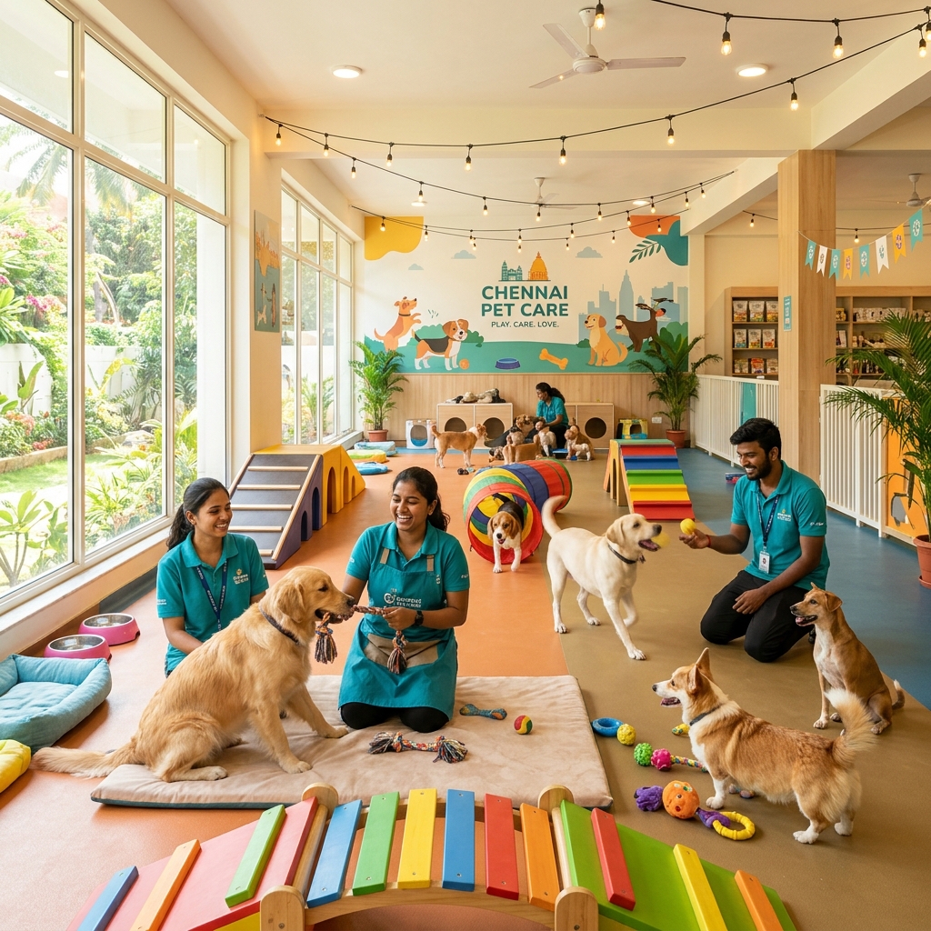 A modern premium pet daycare center in Chennai with professional handlers caring for happy dogs playing with toys