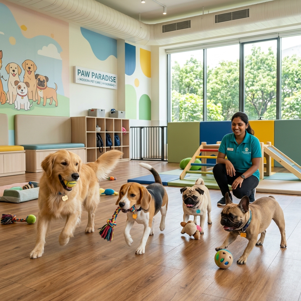 Modern, premium pet daycare center in Hyderabad with happy dogs playing in a spacious playroom and a smiling handler