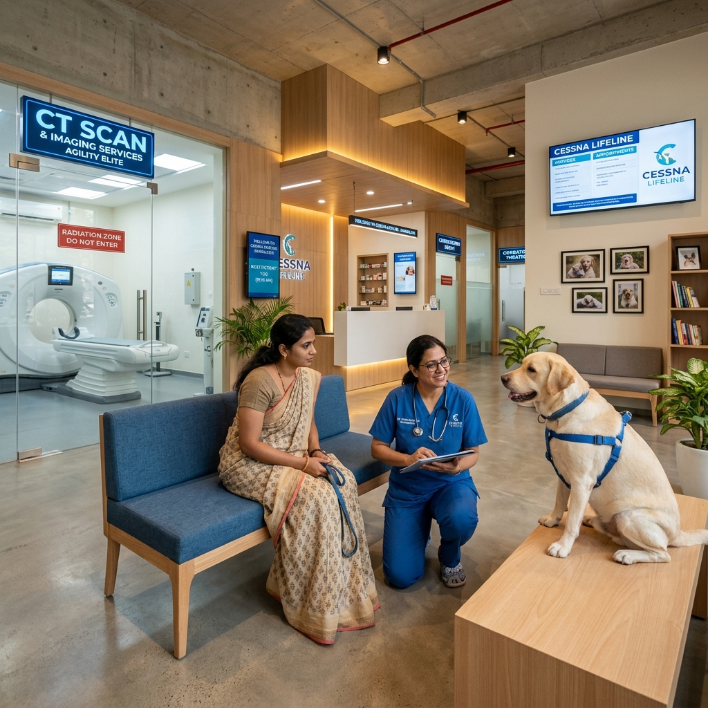 Modern, high-tech veterinary hospital in Bangalore with professional staff and a dog