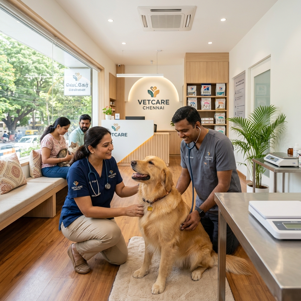 Modern veterinary clinic in Chennai with professional veterinarians caring for a healthy dog