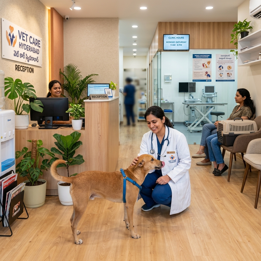 Modern veterinary clinic in Hyderabad with a friendly vet and a happy dog
