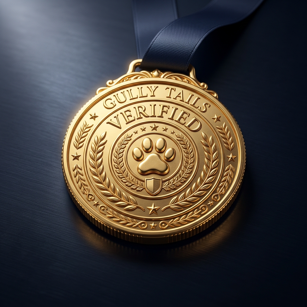 Premium gold seal with Gully Tails Verified text and paw print emblem representing trust and rigorous safety vetting